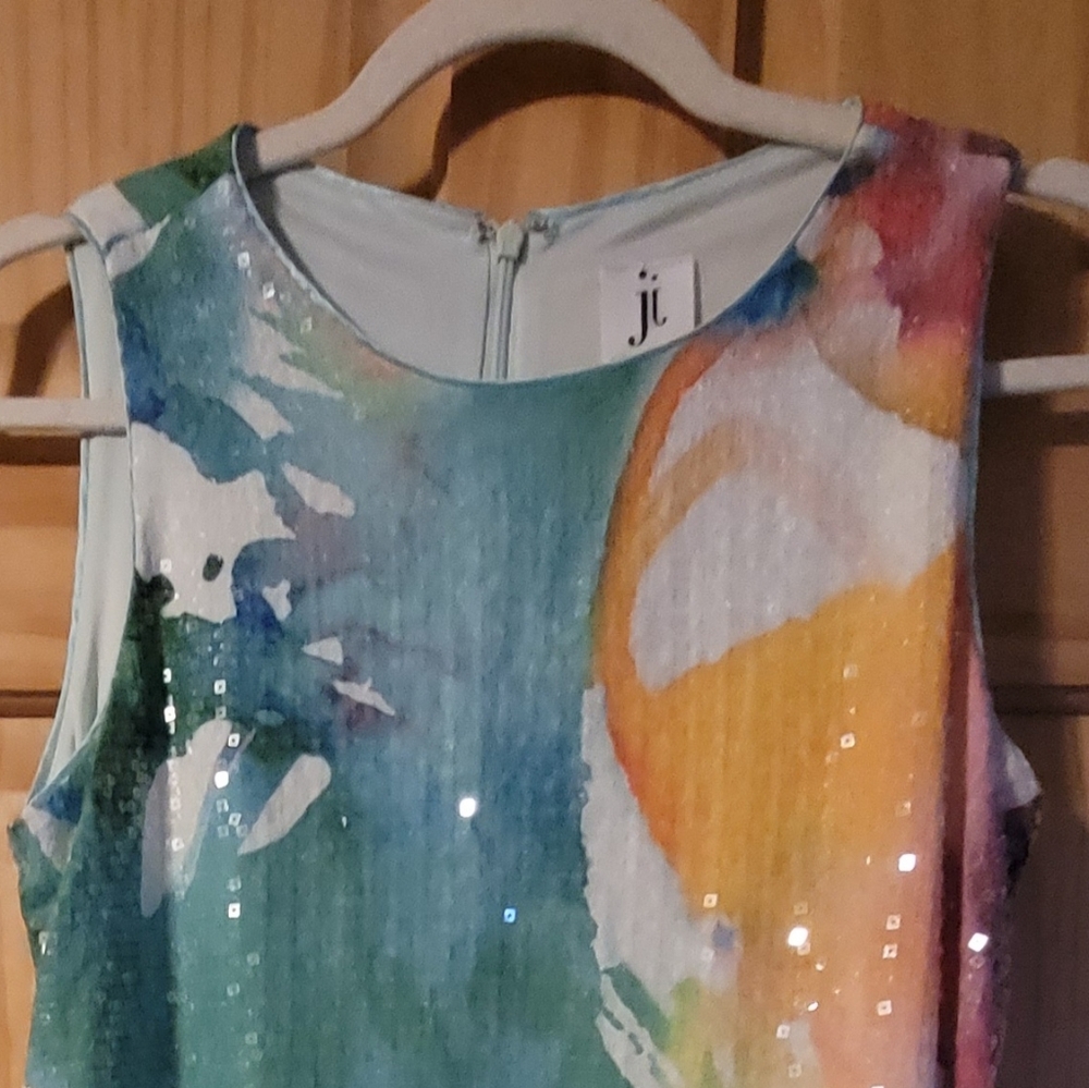 Julia Jordan Colorful Sequin Watercolor Cocktail Shift Dress - Picture 5 of 12